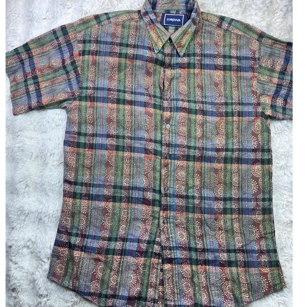 Cordova Mens Large Short Sleeve Plaid Geometric Button Down Shirt CottonA36
